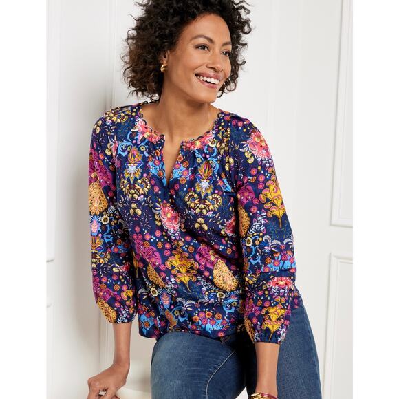 Talbots Women’s S Pleated Sleeve Poplin Top Cotton Floral Medallion Blue Classic - Picture 1 of 10